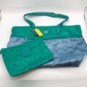 Coach Colorblock Large Blue/Teal Green Travel Weekender Tote and Cosmetic Pouch